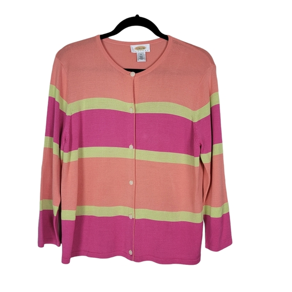 Talbots Sweaters - Talbots 100% Silk block striped pink coral lime green knit button cardigan Sz14P